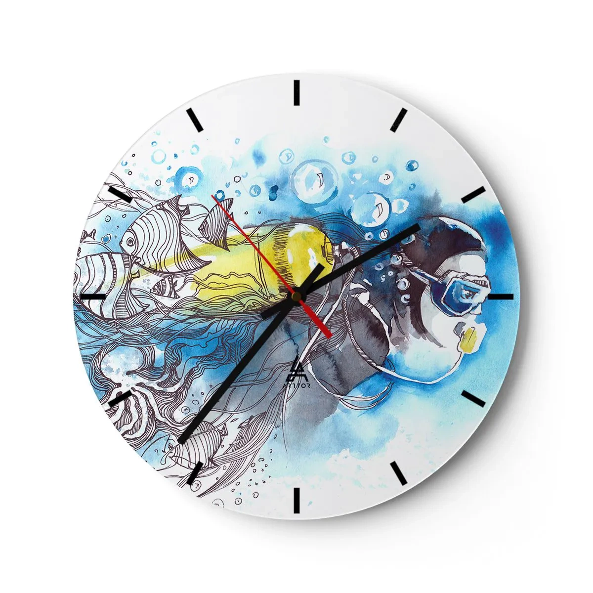 Nástěnné hodiny - Potápěč s barevnými rybami v podvodním světě - 30x30cm - Velká modř - Moderní nástěnná dekorace do obývacího pokoje, kuchyně a ložnice ARTTOR