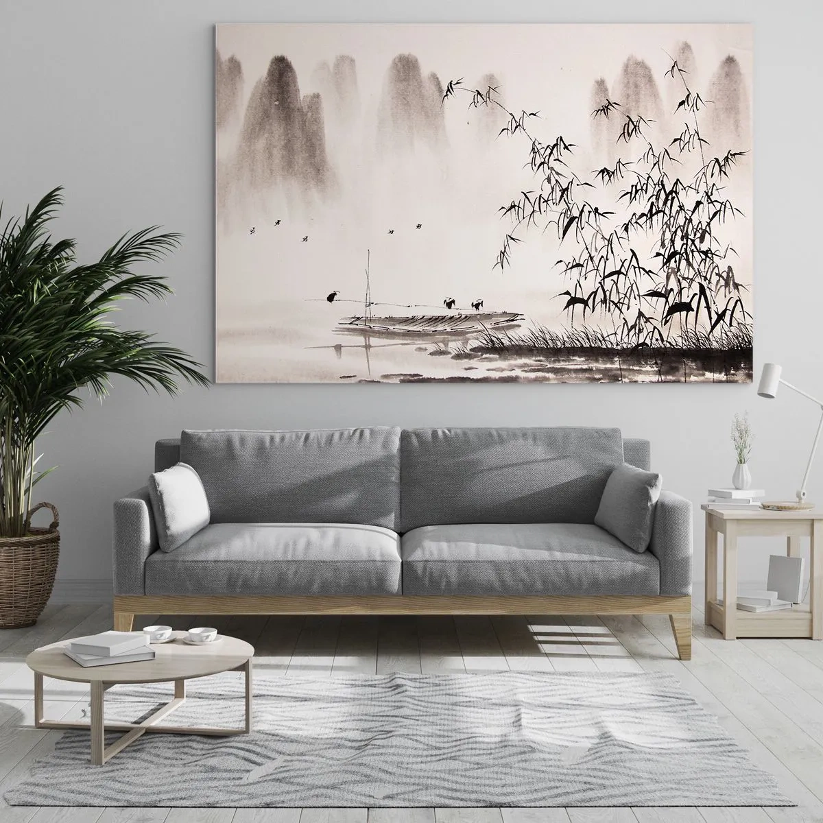 Obraz na skle - Minimalistická scéna s bambusem a lodí na jezeře. - 70x50cm - Klid rýžových polí - Moderní nástěnná dekorace do obývacího pokoje a ložnice ARTTOR