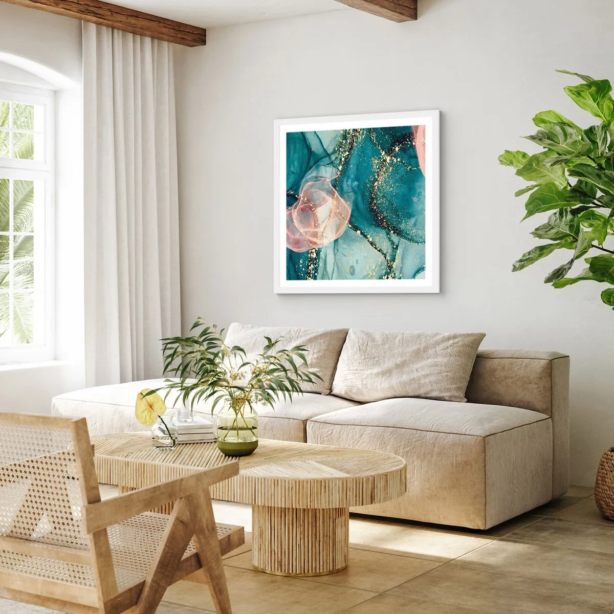 Plakát v bílém rámu - Modré hedvábí modré, růžový tyl - 40x40 cm