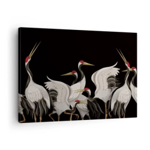 Obraz na plátně - Bílí jeřábi s červenými akcenty na černém pozadí - 70x50cm - Ptačí záležitosti - Moderní nástěnná dekorace do obývacího pokoje a ložnice ARTTOR