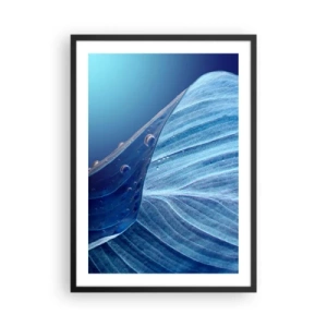 Plakát v černém rámu - List s kapkami vody v odstínech modré - 50x70cm - Skryté kapky modři - Moderní nástěnná dekorace do obývacího pokoje a ložnice ARTTOR