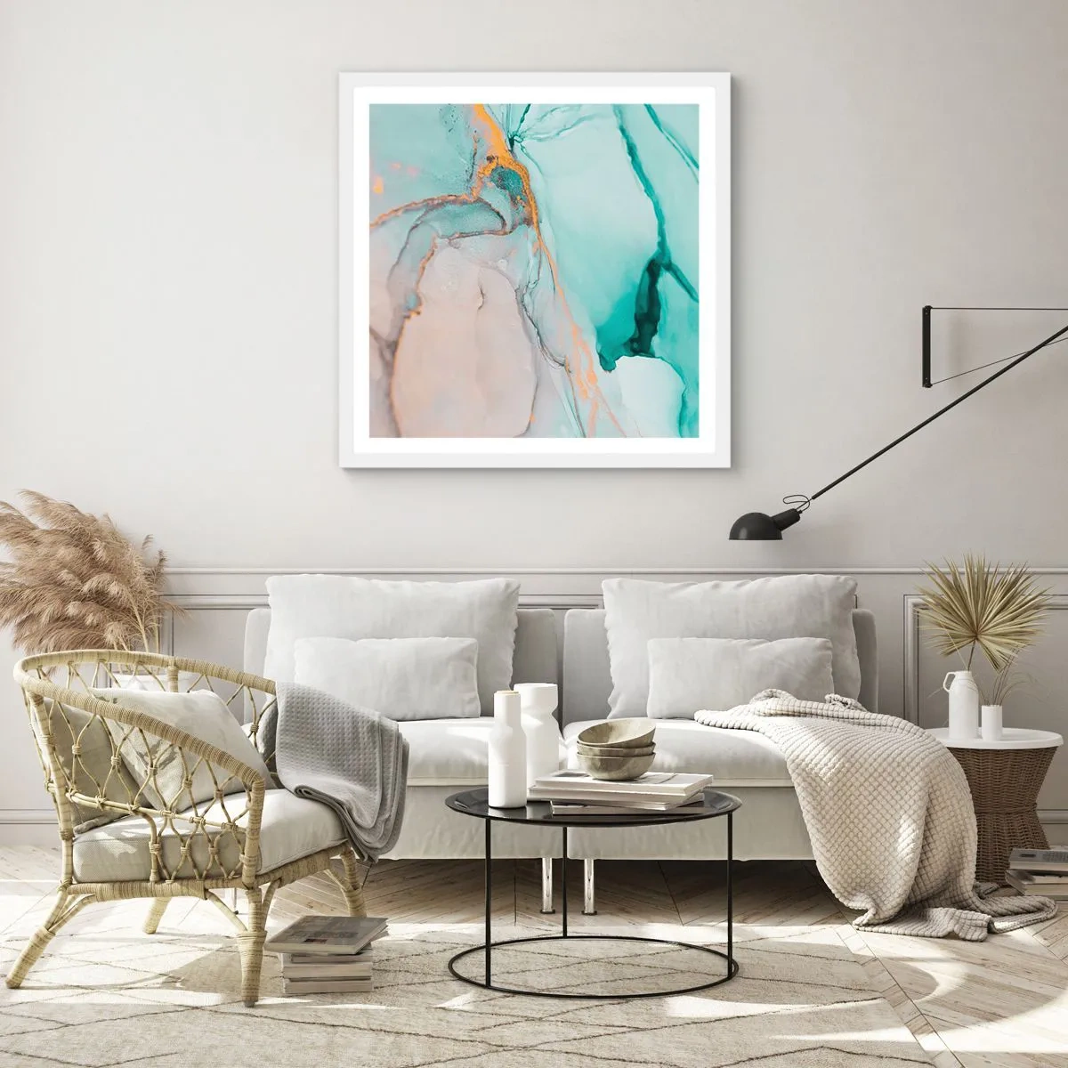 Plakát v bílém rámu - Tanec tvarů a barev - 40x40 cm