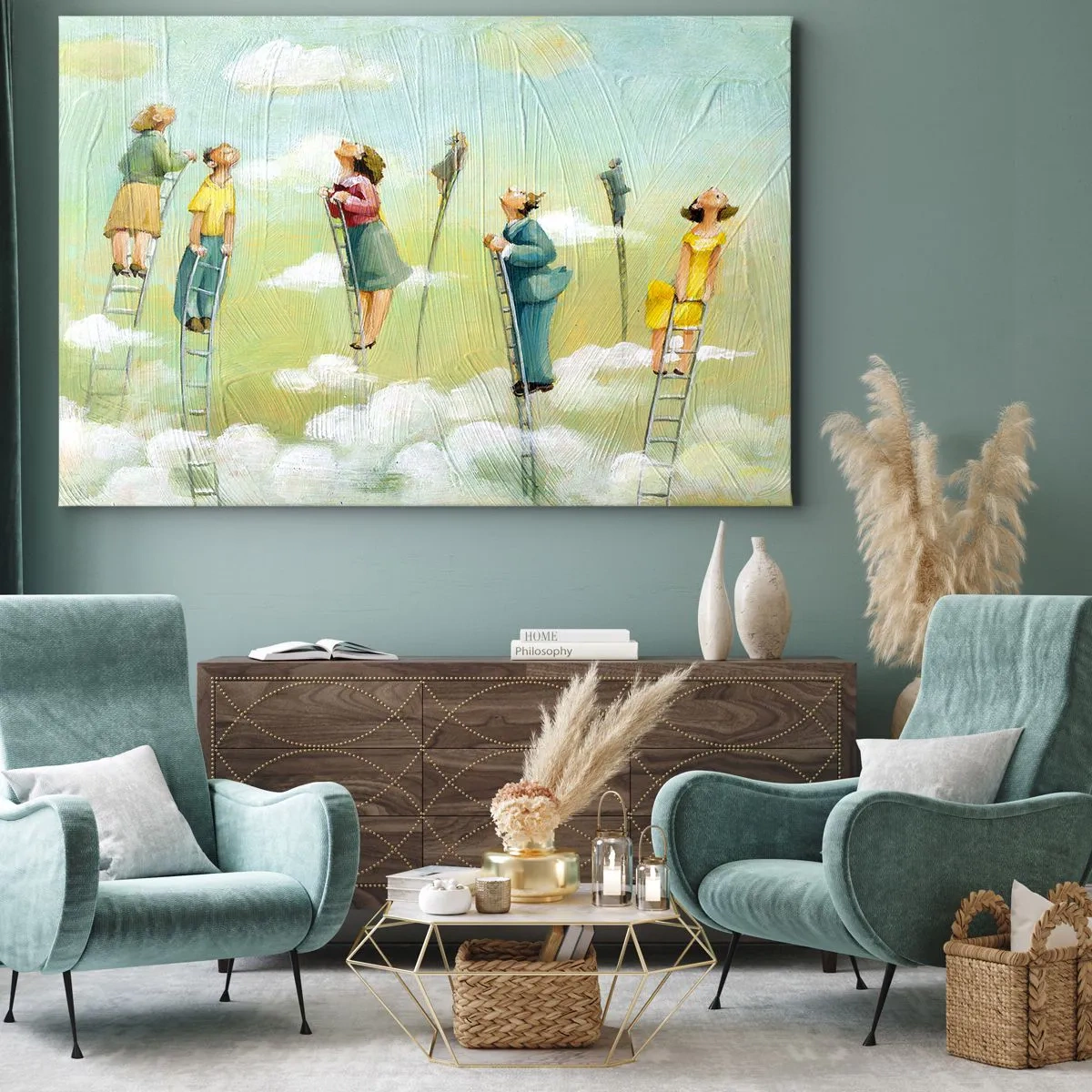 Obraz na plátně - Postavy šplhající po žebřících mezi mraky na pastelovém pozadí. - 70x50cm - Za svým snem - Moderní nástěnná dekorace do obývacího pokoje a ložnice ARTTOR