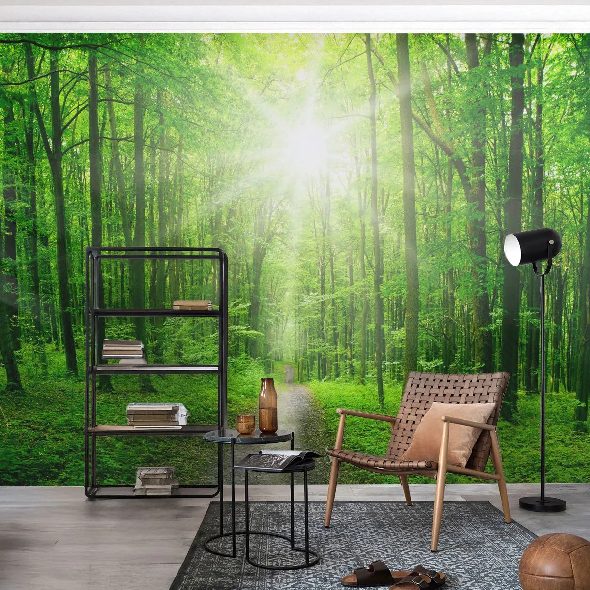 Fototapeta Standard Eco - Zelený les se slunečními paprsky a cestou mezi stromy - 100x70cm - Zelená katedrála - Moderní nástěnná dekorace do obývacího pokoje a ložnice ARTTOR