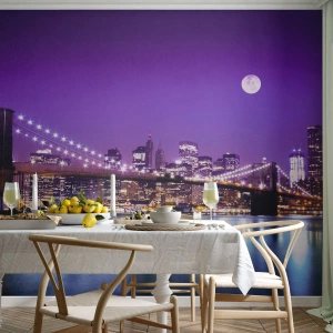 Fototapeta Premium Canvas - Světla velkoměsta ve fialové - Město, New York, Brooklynský most - 200x140 cm