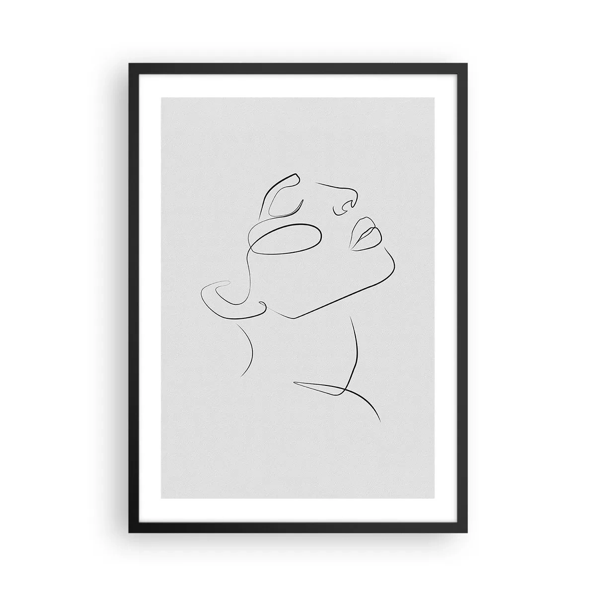 Plakát v černém rámu - Minimalistický portrét ženy ve stylu čárového umění - 50x70cm - Meandry snu - Moderní nástěnná dekorace do obývacího pokoje a ložnice ARTTOR