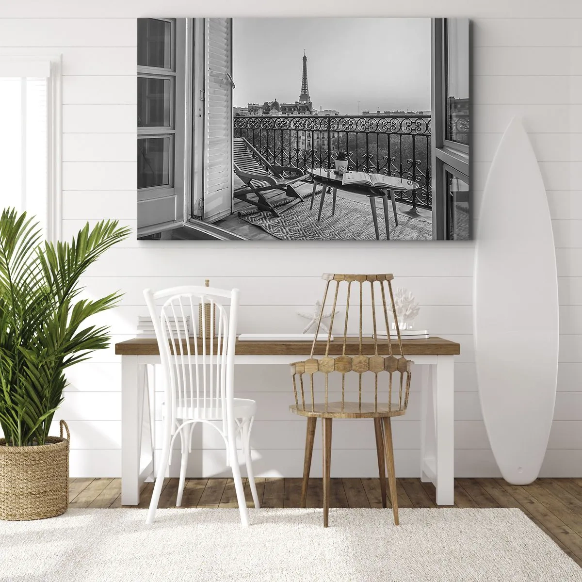 Obraz na plátně - Výhled na Eiffelovu věž z balkonu s lehátky a stolem - 70x50cm - Pařížské odpoledne - Moderní nástěnná dekorace do obývacího pokoje a ložnice ARTTOR