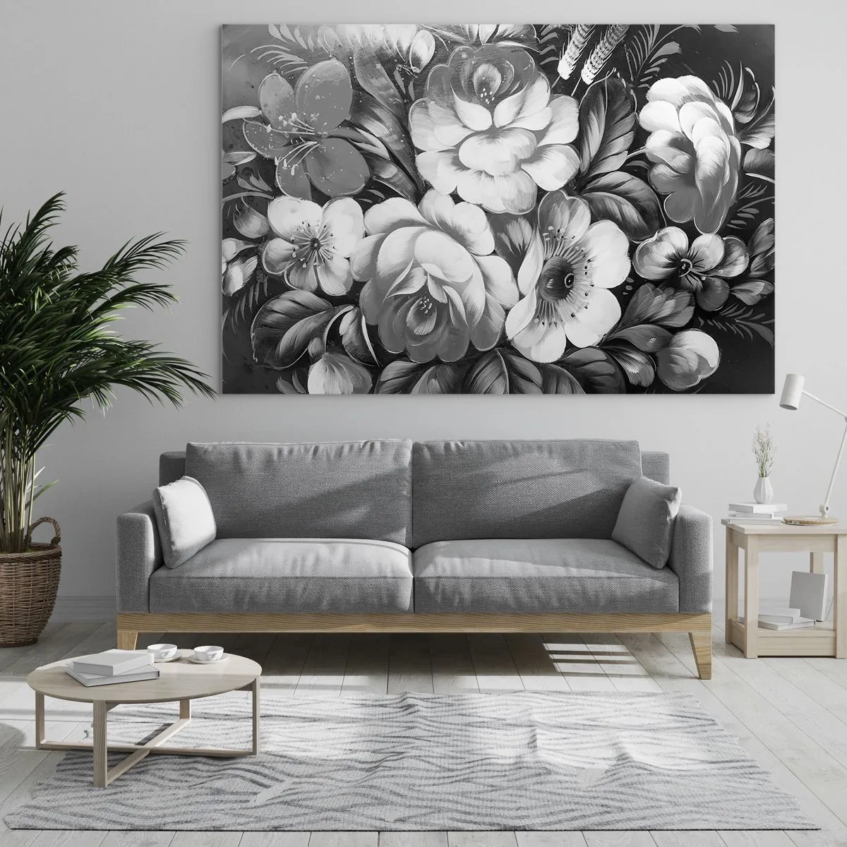 Obraz na skle - Elegantní kytice květin v odstínech šedé - 70x50cm - Krásné dokonce v šedi - Moderní nástěnná dekorace do obývacího pokoje a ložnice ARTTOR
