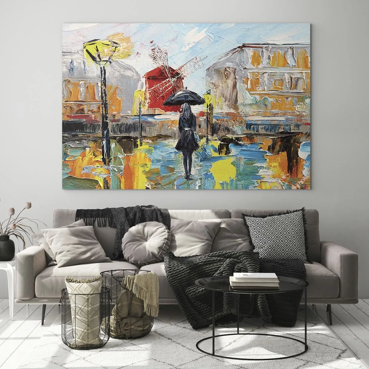 Obraz na skle - Žena s deštníkem na pozadí města ve stylu impresionismu - 70x50cm - Pařížské legendy - Moderní nástěnná dekorace do obývacího pokoje a ložnice ARTTOR