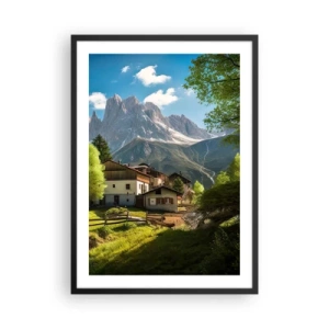 Plakát v černém rámu - Horská vesnice na úpatí majestátních vrcholů - 50x70cm - Alpská idyla - Moderní nástěnná dekorace do obývacího pokoje a ložnice ARTTOR