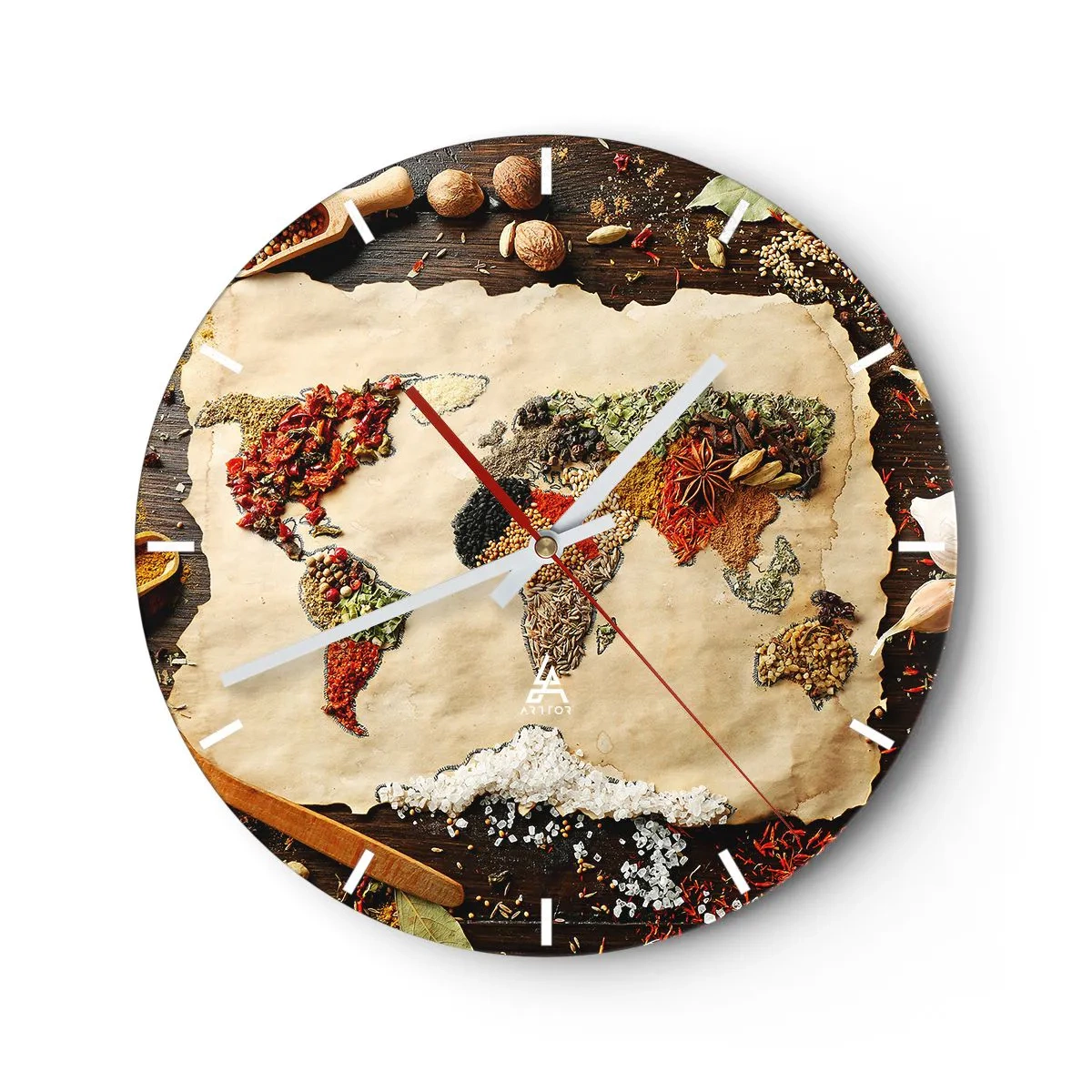 Nástěnné hodiny - Mapa světa z koření na dřevěném pozadí - 30x30cm - Všechny chutě světa - Moderní nástěnná dekorace do obývacího pokoje, kuchyně a ložnice ARTTOR