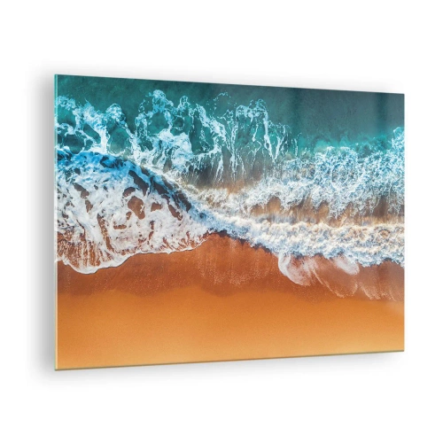 Obraz na skle - Pohled z ptačí perspektivy na oceánské vlny narážející do břehu - 70x50cm - Vždy pár - Moderní nástěnná dekorace do obývacího pokoje a ložnice ARTTOR