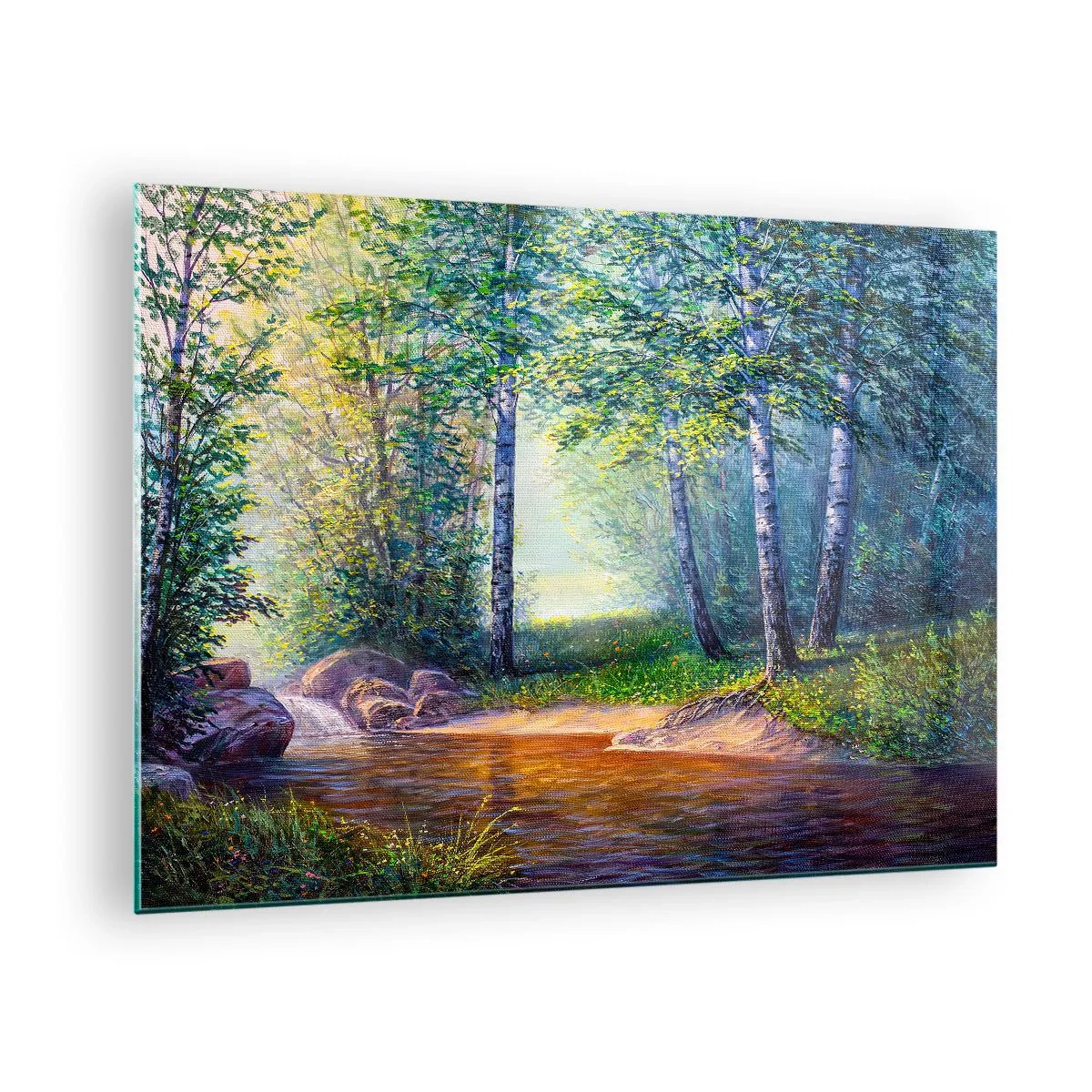 Obraz na skle - Lesní potok obklopený stromy v slunečních paprscích - 70x50cm - Scénář selanky - Moderní nástěnná dekorace do obývacího pokoje a ložnice ARTTOR