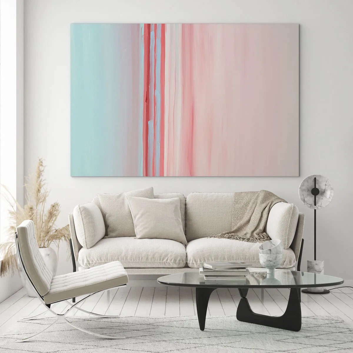 Obraz na skle - Svislé pruhy v pastelových odstínech růžové a modré - 70x50cm - Abstrakce za úsvitu - Moderní nástěnná dekorace do obývacího pokoje a ložnice ARTTOR