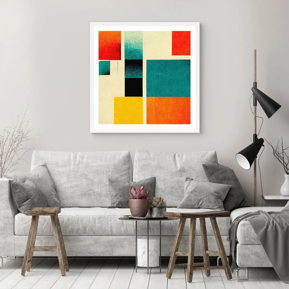 Plakát v bílém rámu - Geometrická abstrakce – dobrá energie - 50x50 cm