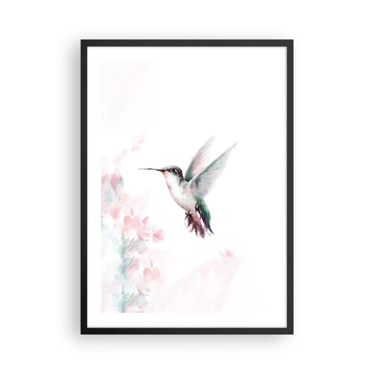 Plakát v černém rámu - Kolibřík za letu s jemným květinovým pozadím - 50x70cm - Mávání - Moderní nástěnná dekorace do obývacího pokoje a ložnice ARTTOR