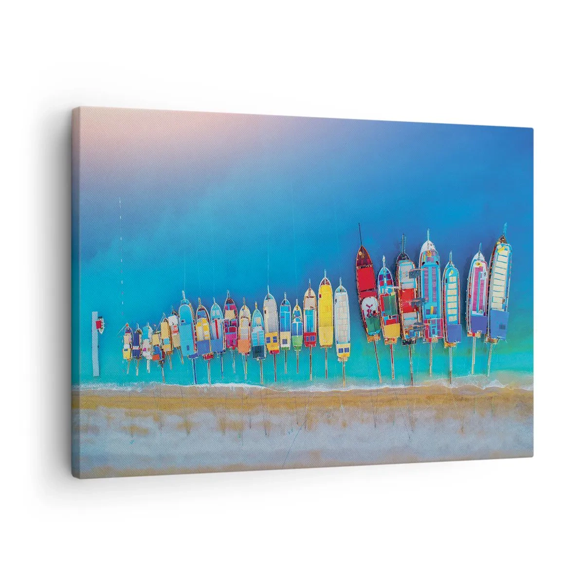 Obraz na plátně - Barevné lodě seřazené v řadě na břehu - 70x50cm - Z ptačí perspektivy - Moderní nástěnná dekorace do obývacího pokoje a ložnice ARTTOR