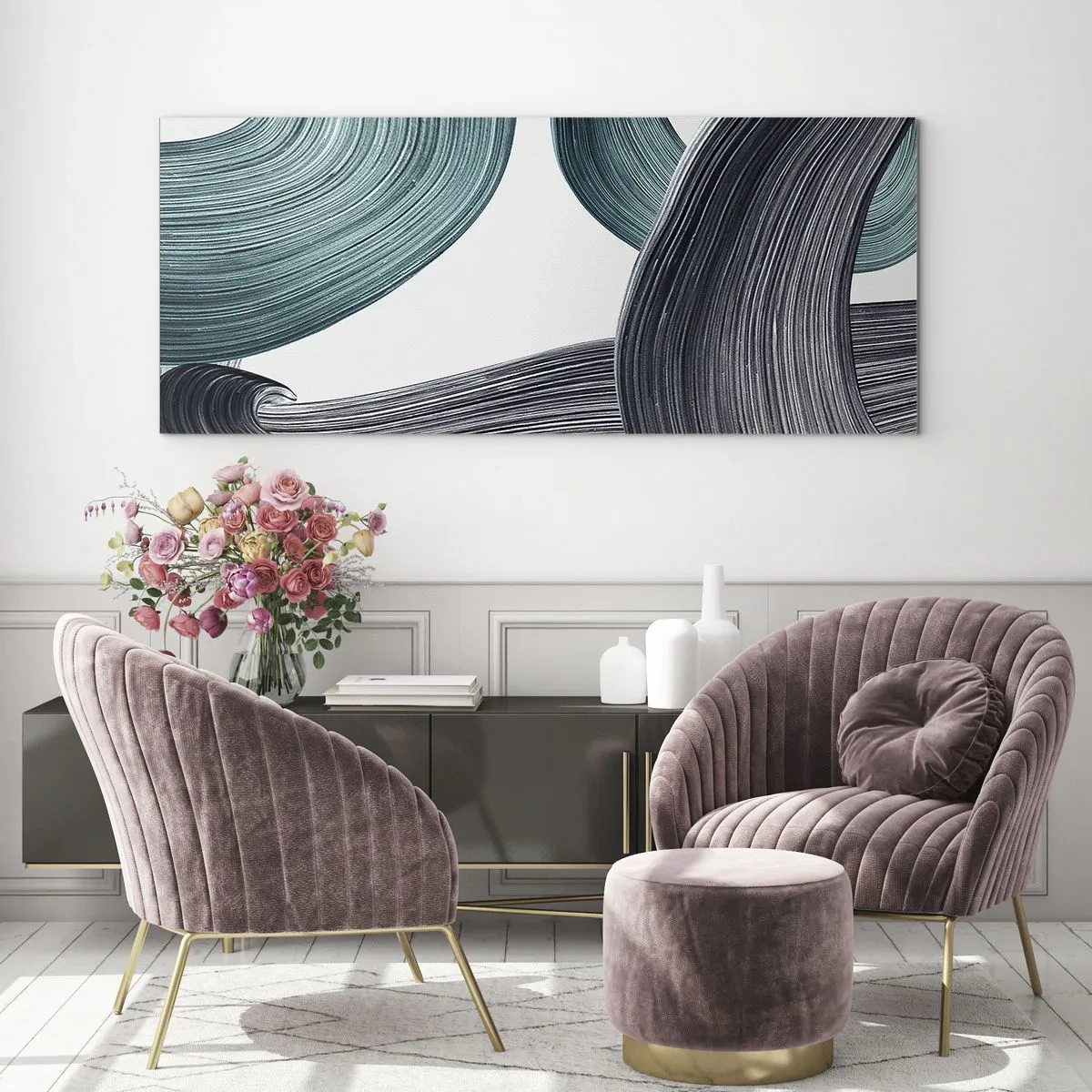 Obraz na skle - Smaragdové a černé vlny - 140x50 cm