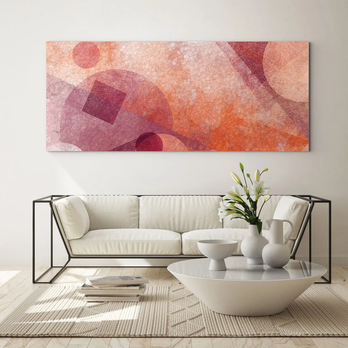Obraz na skle - Geometrické proměny v růžové - 90x30 cm