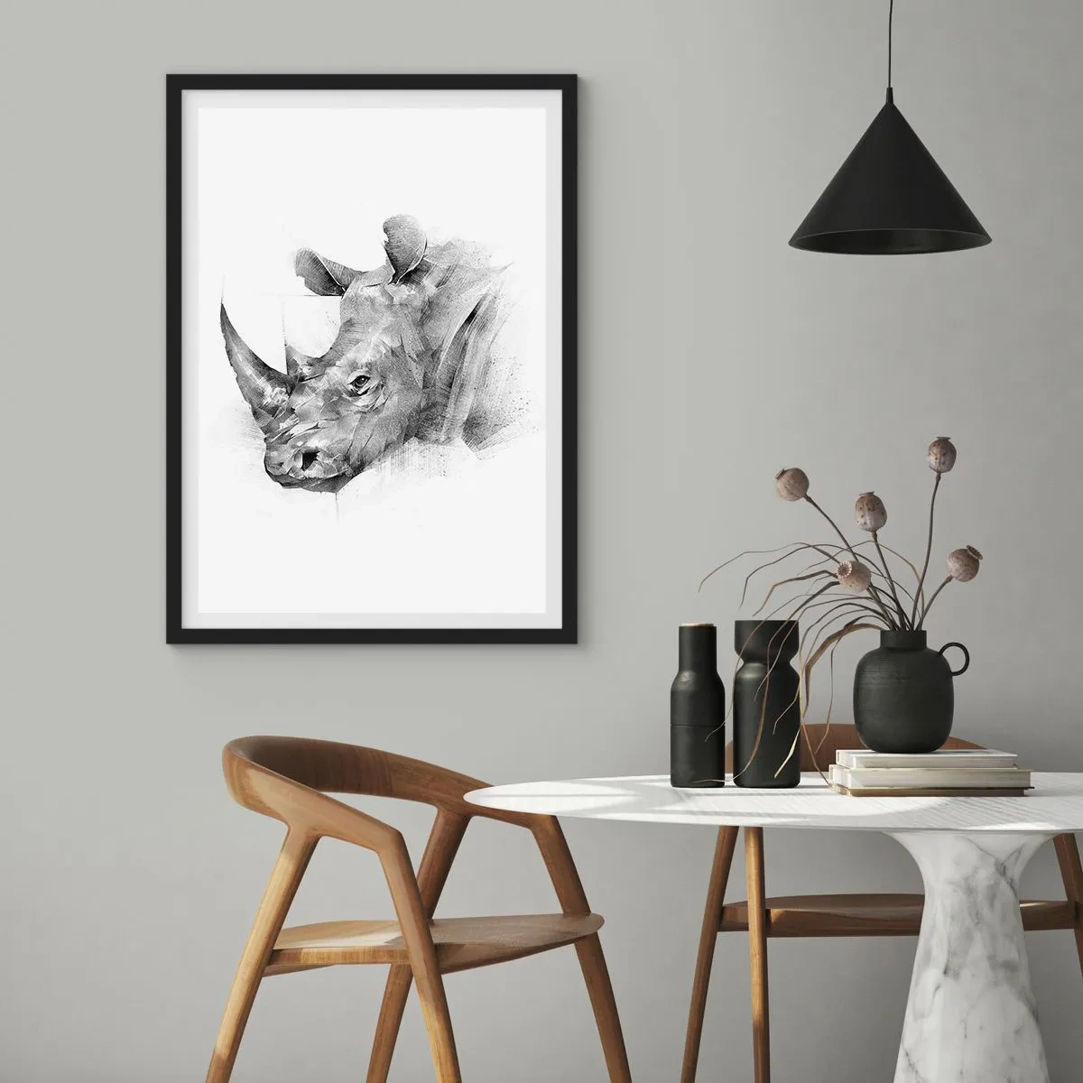 Plakát v černém rámu - Grafická kresba nosorožce v černé a bílé - 50x70cm - Africký portrét - Moderní nástěnná dekorace do obývacího pokoje a ložnice ARTTOR