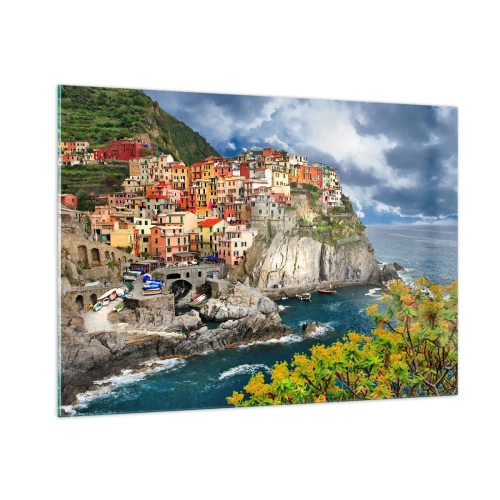 Obraz na skle - Hromádka přitulená ke skalám - 100x70 cm