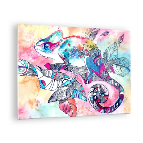 Obraz na skle - Barevný chameleon mezi listy ve stylu akvarelu - 70x50cm - Barevný jako náš svět - Moderní nástěnná dekorace do obývacího pokoje a ložnice ARTTOR