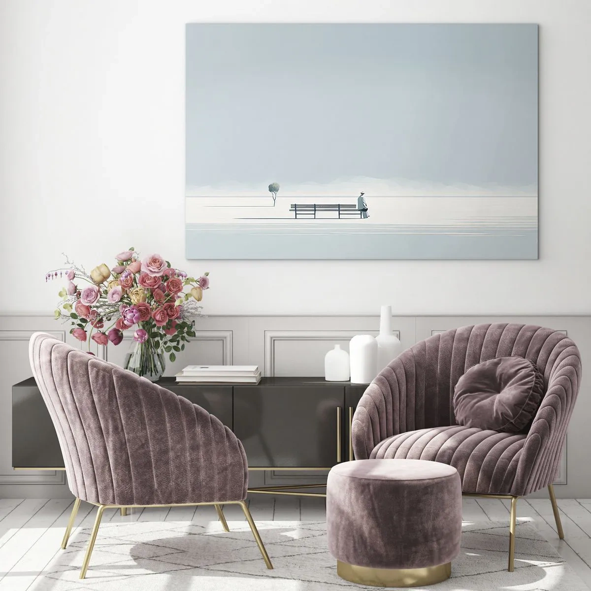 Obraz na skle - Postava na lavičce v minimalistické krajině - 70x50cm - Ano, čekám. - Moderní nástěnná dekorace do obývacího pokoje a ložnice ARTTOR