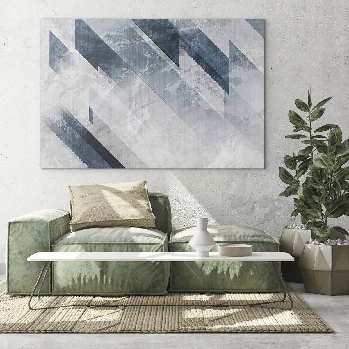 Obraz na skle - Geometrické pruhy v odstínech šedé a tmavě modré - 70x50cm - Prostorová kompozice – pohyb šedé - Moderní nástěnná dekorace do obývacího pokoje a ložnice ARTTOR