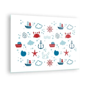 Obraz na skle - Námořní vzory s kraby, kotvami a loděmi - 70x50cm - Mořská pohádka - Moderní nástěnná dekorace do obývacího pokoje a ložnice ARTTOR