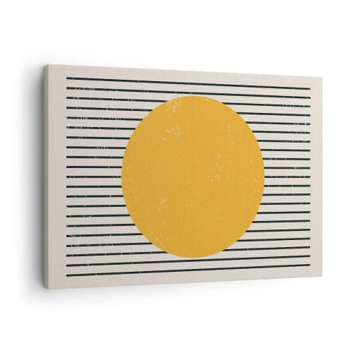 Obraz na plátně - Žlutý kruh na pozadí černých a bílých vodorovných čar - 70x50cm - Síla jednoduchosti - Moderní nástěnná dekorace do obývacího pokoje a ložnice ARTTOR