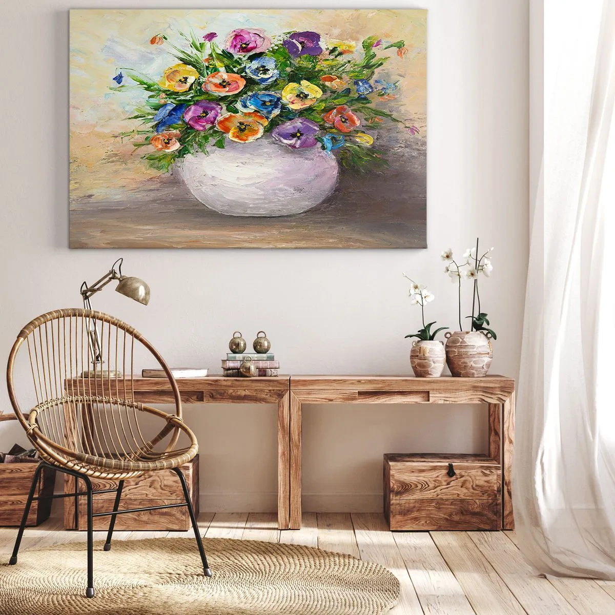 Obraz na plátně - Barevná kytice květin v bílé váze - 70x50cm - Zátiší s bílou vázou - Moderní nástěnná dekorace do obývacího pokoje a ložnice ARTTOR