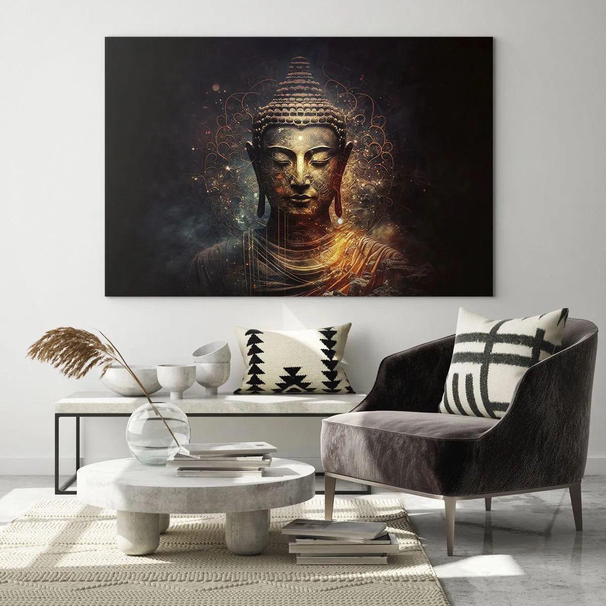 Obraz na skle - Zlatá postava Buddhy na tmavém pozadí s ornamenty - 70x50cm - Duchovní rovnováha - Moderní nástěnná dekorace do obývacího pokoje a ložnice ARTTOR