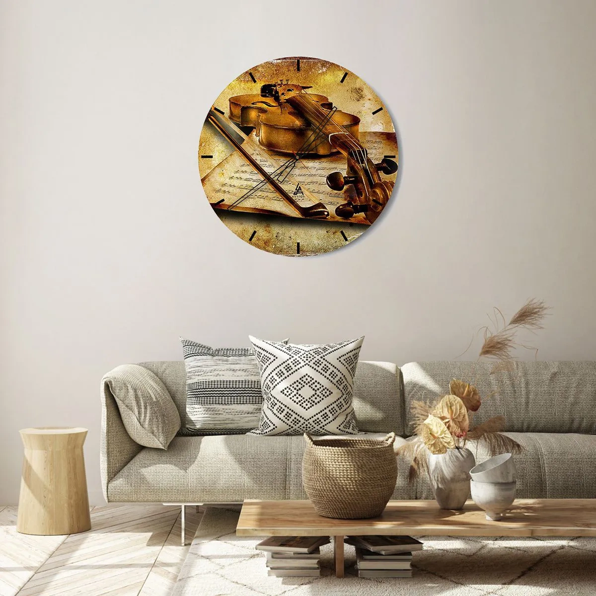 Nástěnné hodiny - Houslový motiv s hudebními notami na zlatém pozadí - 30x30cm - Okamžitě potřebný virtuóz - Moderní nástěnná dekorace do obývacího pokoje, kuchyně a ložnice ARTTOR