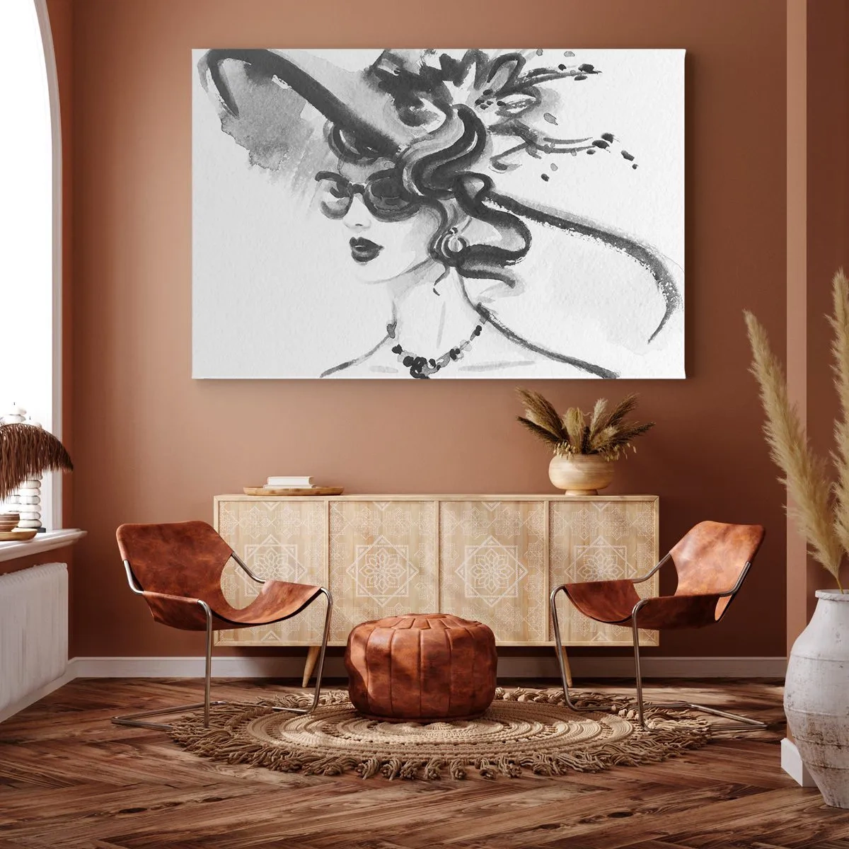 Obraz na plátně - Elegantní žena v klobouku v černobílém stylu - 70x50cm - Dáma s charakterem - Moderní nástěnná dekorace do obývacího pokoje a ložnice ARTTOR
