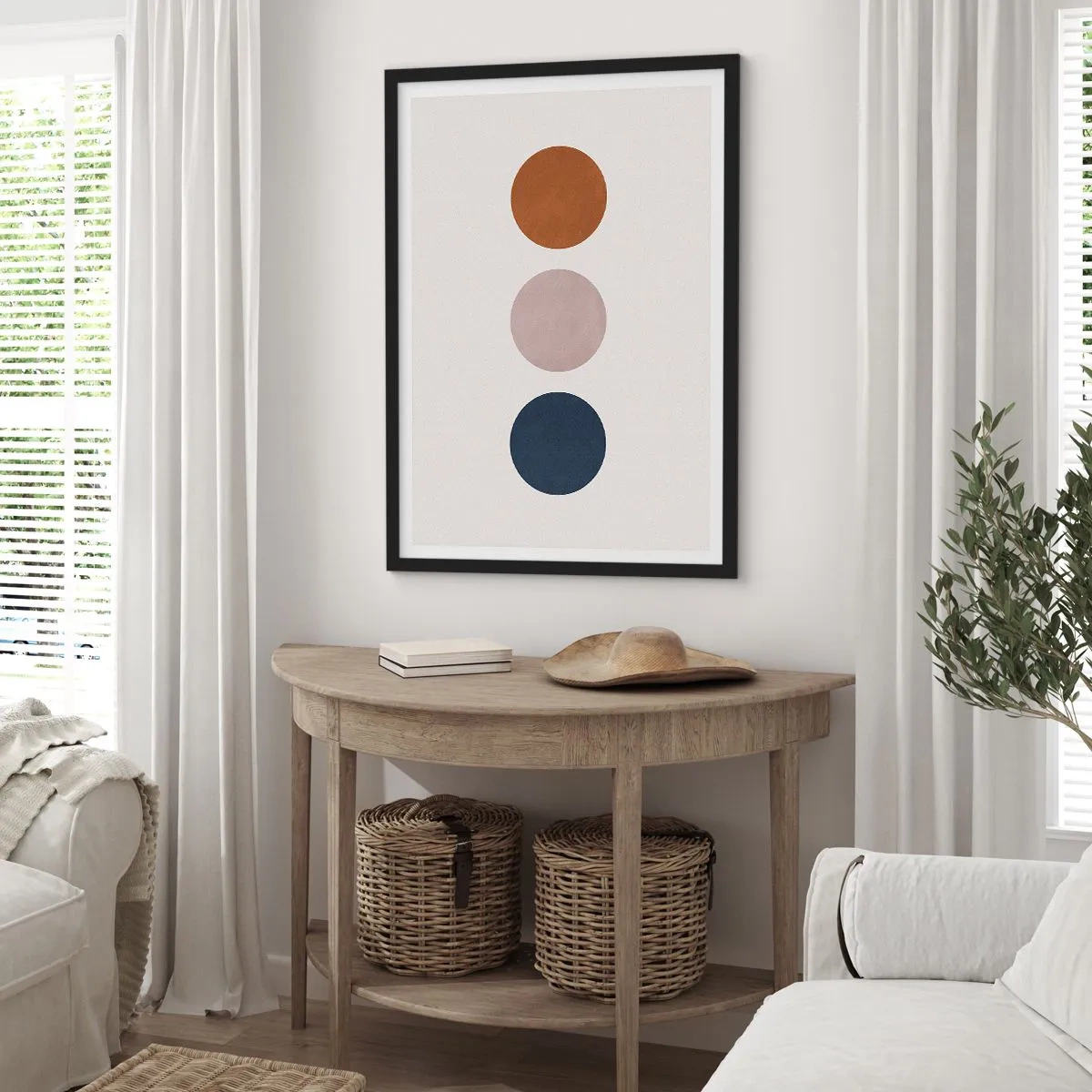 Plakát v černém rámu - Minimalistické kruhy v teplých odstínech na světlém pozadí - 50x70cm - Symbol dokonalosti - Moderní nástěnná dekorace do obývacího pokoje a ložnice ARTTOR