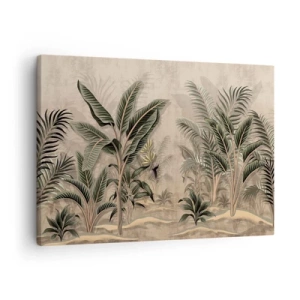 Obraz na plátně - Palmy a tropická vegetace v odstínech zelené na béžovém pozadí - 70x50cm - Rytina v koloniálním stylu - Moderní nástěnná dekorace do obývacího pokoje a ložnice ARTTOR