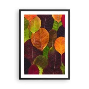 Plakát v černém rámu - Barevné listy v odstínech zelené, oranžové a červené uspořádané do mozaikového vzoru - 50x70cm - Podzimní mozaika - Moderní nástěnná dekorace do obývacího pokoje a ložnice ARTTOR