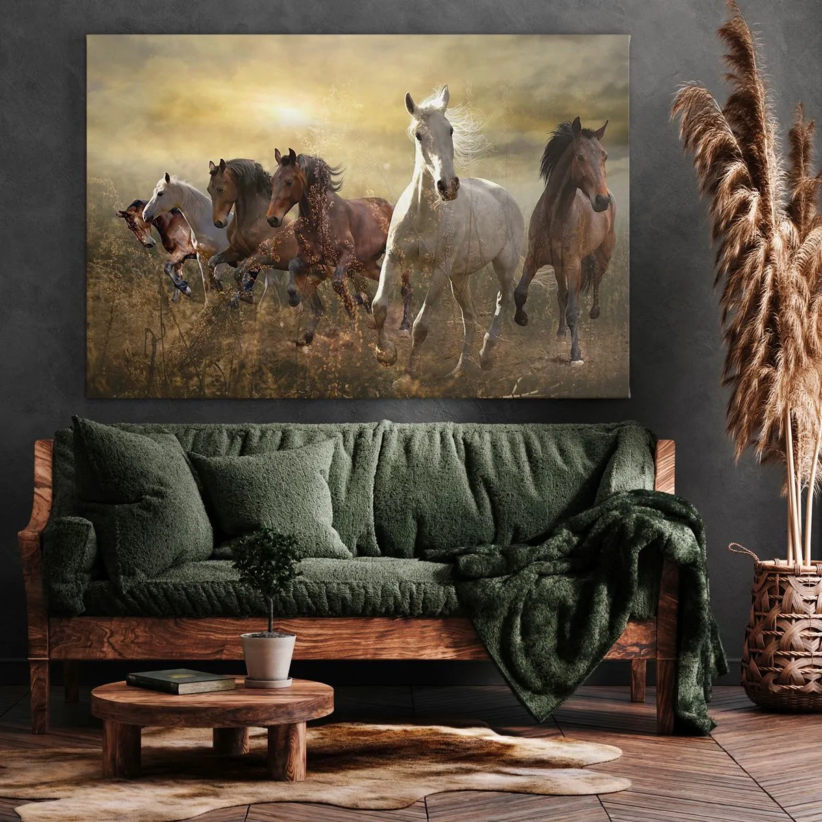 Obraz na plátně - Skupina cválajících koní na pozadí zapadajícího slunce - 70x50cm - Ať žije svoboda! - Moderní nástěnná dekorace do obývacího pokoje a ložnice ARTTOR