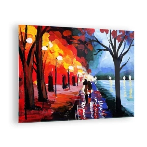 Obraz na skle - Pár procházející se večer v barevném parku - 70x50cm - Žhavý podzim v parku - Moderní nástěnná dekorace do obývacího pokoje a ložnice ARTTOR