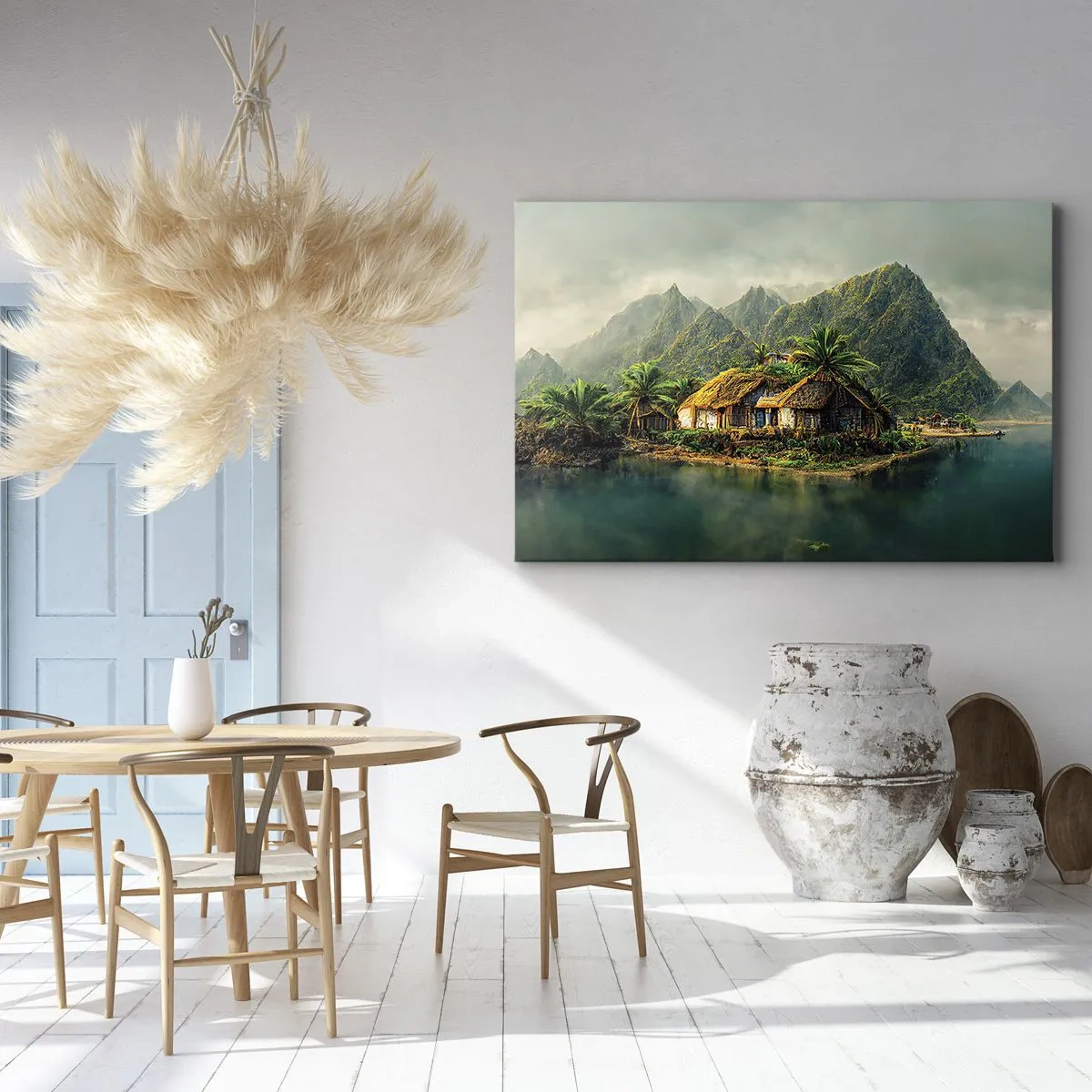 Obraz na plátně - Tropický ostrov s palmami a horami v pozadí - 70x50cm - Tropický ráj - Moderní nástěnná dekorace do obývacího pokoje a ložnice ARTTOR
