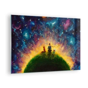 Obraz na skle - Postava s liškou na planetě pod hvězdnou oblohou - 70x50cm - Láska a přátelství - celý svět - Moderní nástěnná dekorace do obývacího pokoje a ložnice ARTTOR