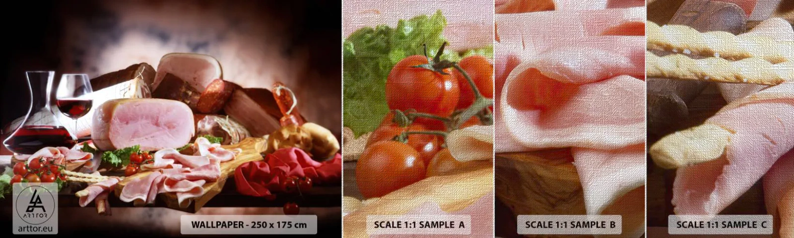 Vzor Fototapety Premium Canvas - Kulinární snění s karafou - Gastronomie, Maso, Rajčata - 100x30 cm