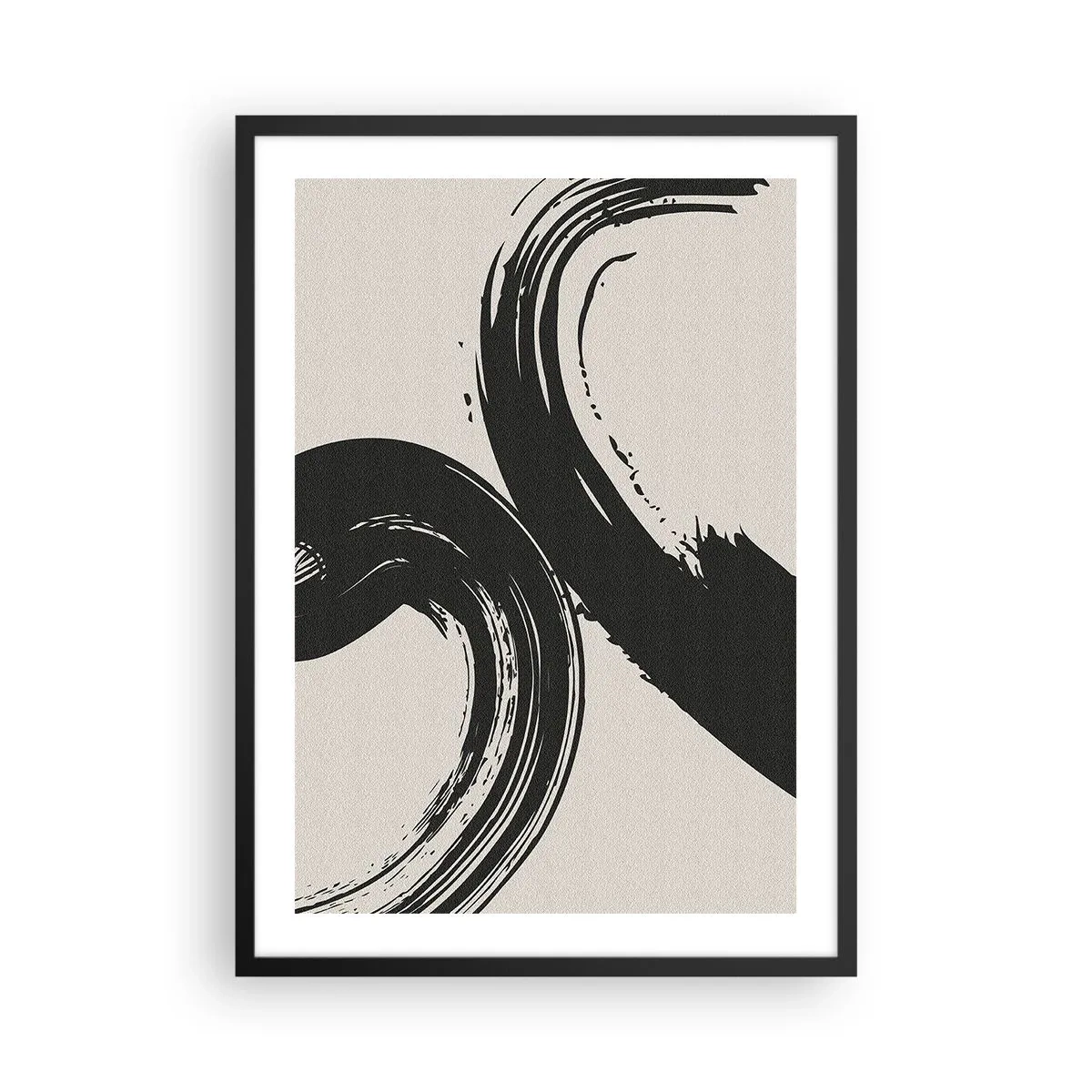 Plakát v černém rámu - Dynamické tahy štětcem na béžovém pozadí - 50x70cm - Rozmáchle a dokola - Moderní nástěnná dekorace do obývacího pokoje a ložnice ARTTOR