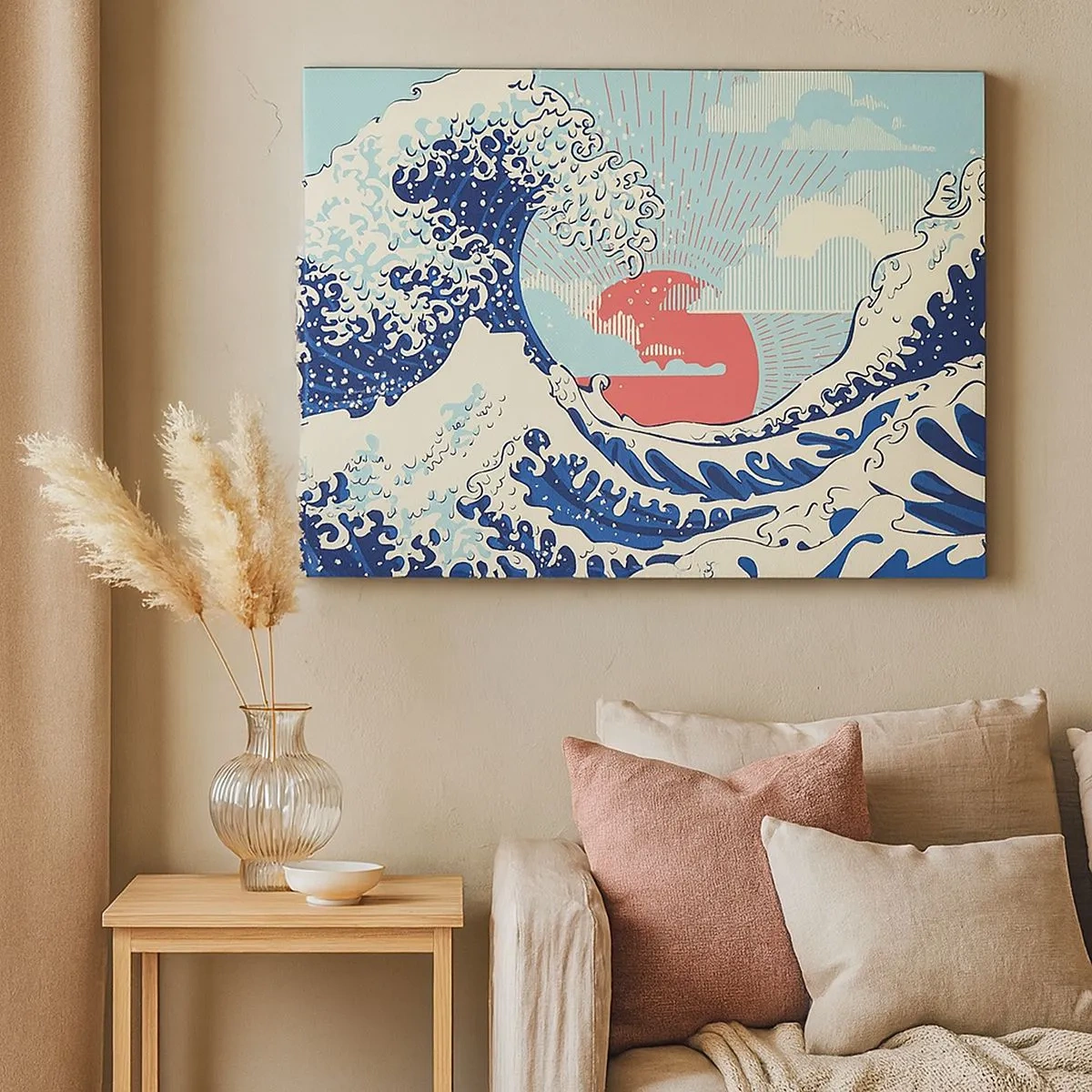 Obraz na plátně - Oceánské vlny a západ slunce v japonském stylu - 70x50cm - Z japonských inspirací - Moderní nástěnná dekorace do obývacího pokoje a ložnice ARTTOR