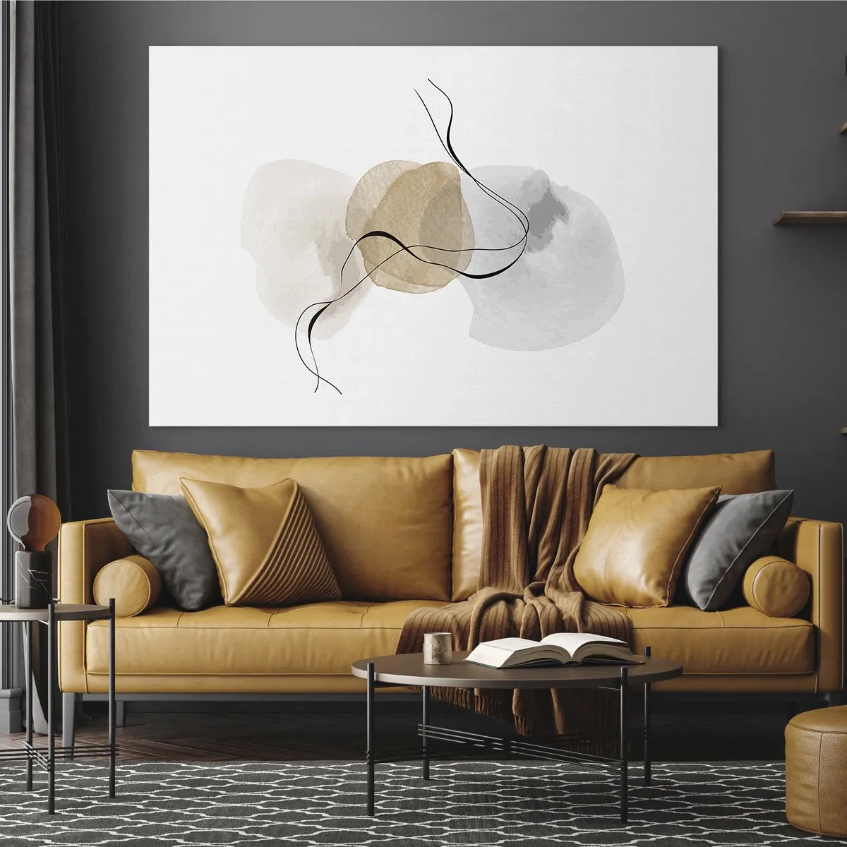 Obraz na skle - Jemná abstrakce s pastelovými skvrnami a černými linkami. - 70x50cm - Vzdušné korálky - Moderní nástěnná dekorace do obývacího pokoje a ložnice ARTTOR
