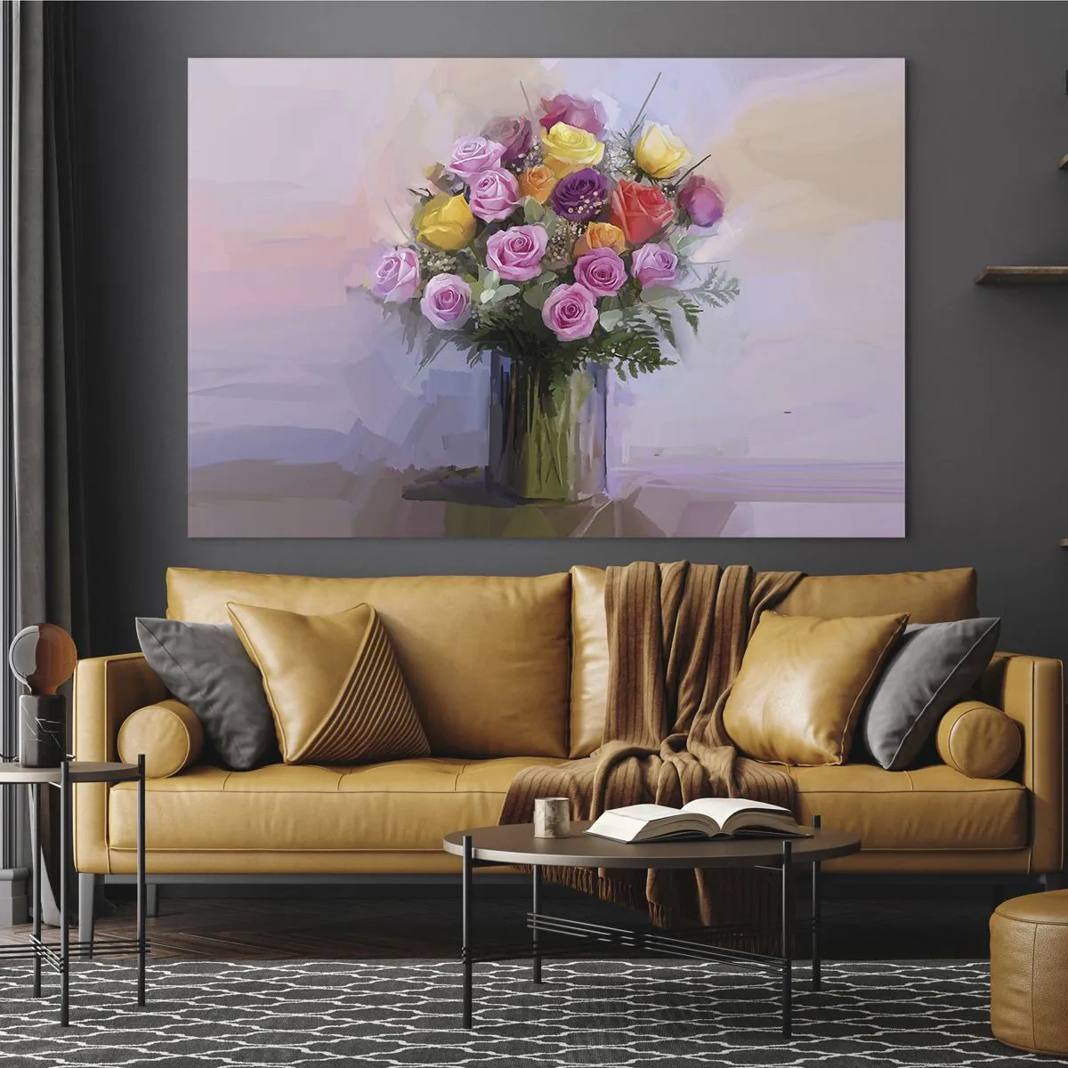 Obraz na skle - Kytice růží ve skleněné váze na pastelovém pozadí - 70x50cm - Zachycená krása - Moderní nástěnná dekorace do obývacího pokoje a ložnice ARTTOR