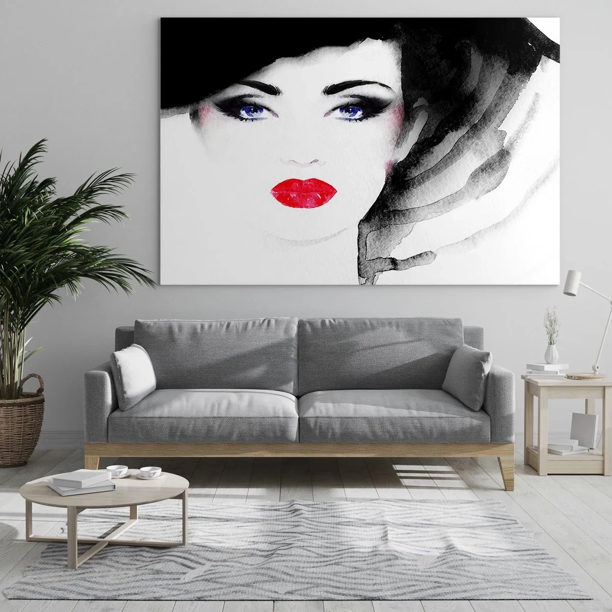 Obraz na skle - Portrét ženy s výraznými rudými rty a černým kloboukem - 70x50cm - Odhání a přivolává - Moderní nástěnná dekorace do obývacího pokoje a ložnice ARTTOR