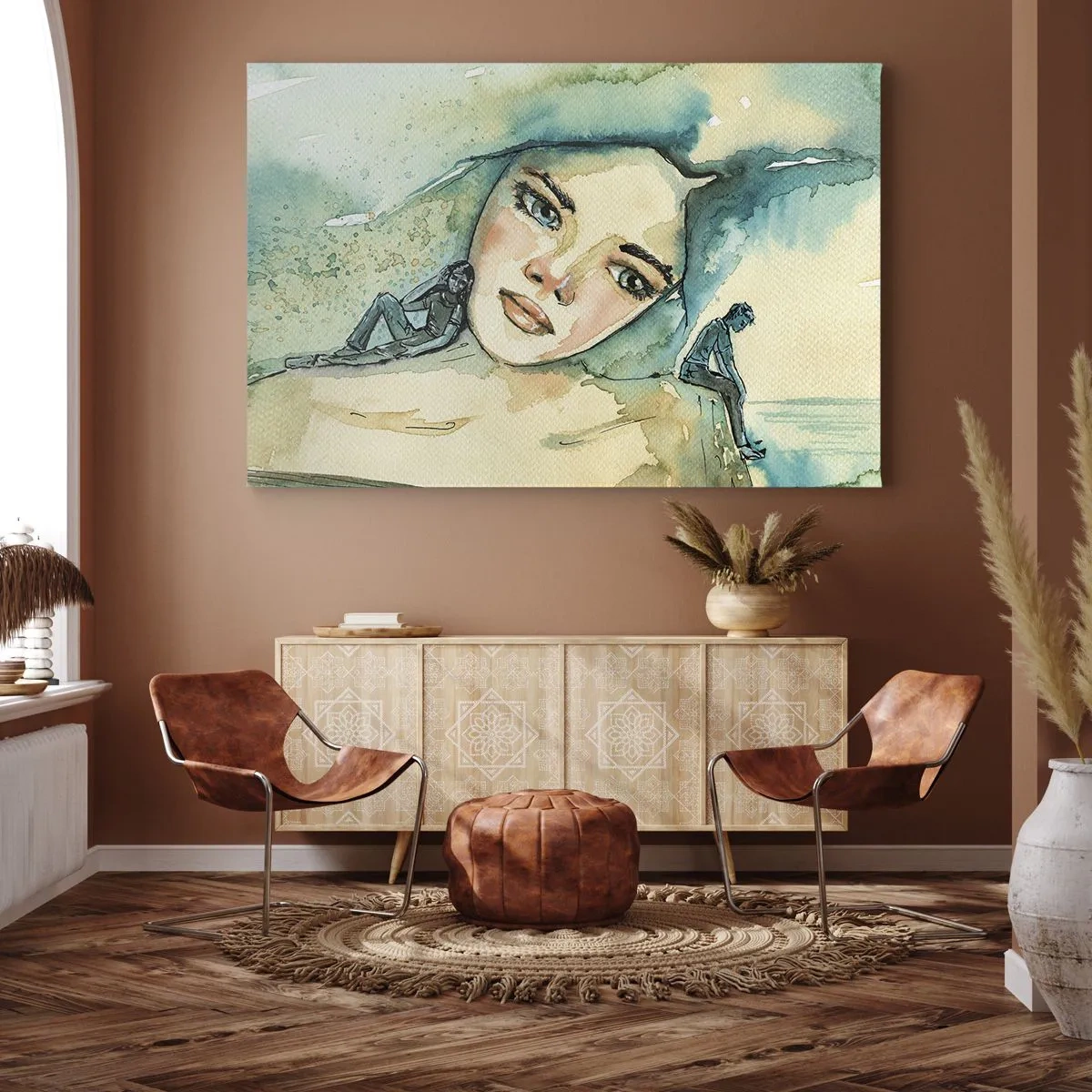 Obraz na plátně - Akvarel ženské tváře s reflexním motivem - 70x50cm - Am I blue? - Moderní nástěnná dekorace do obývacího pokoje a ložnice ARTTOR