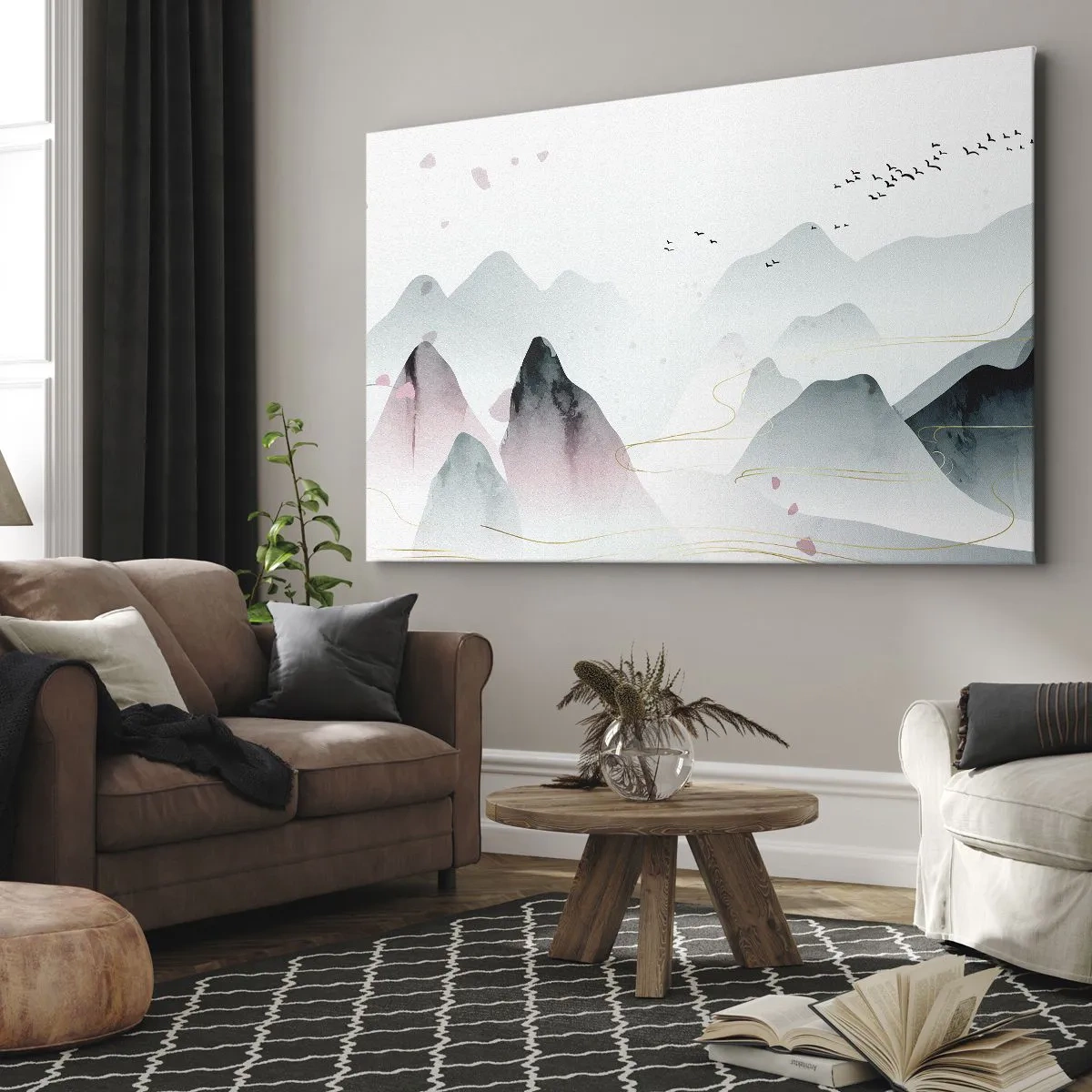 Obraz na plátně - Abstraktní hory v pastelových odstínech - 70x50cm - Přes vrcholy - Moderní nástěnná dekorace do obývacího pokoje a ložnice ARTTOR