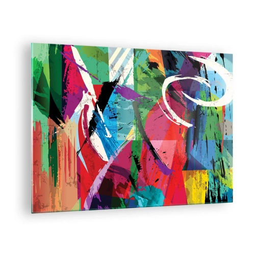 Obraz na skle - Barevná abstrakce s dynamickými tvary a texturami - 70x50cm - Rychle, živě a čile - Moderní nástěnná dekorace do obývacího pokoje a ložnice ARTTOR